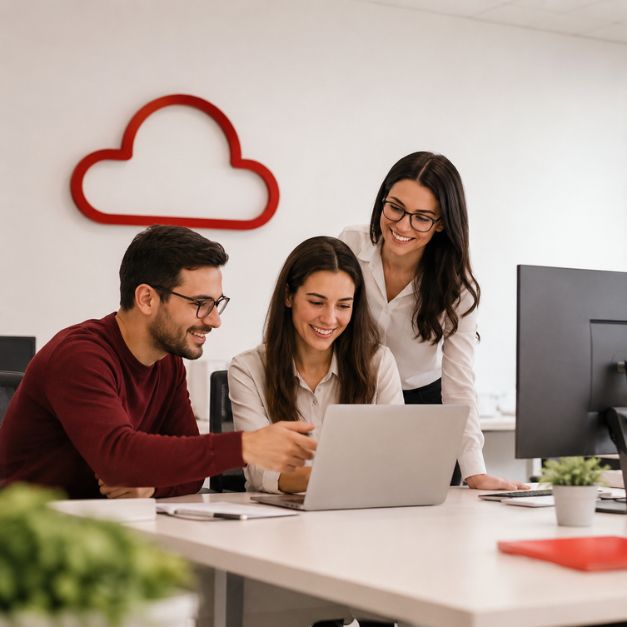 Equipe da Infomaster colaborando em torno de um notebook no escritório
