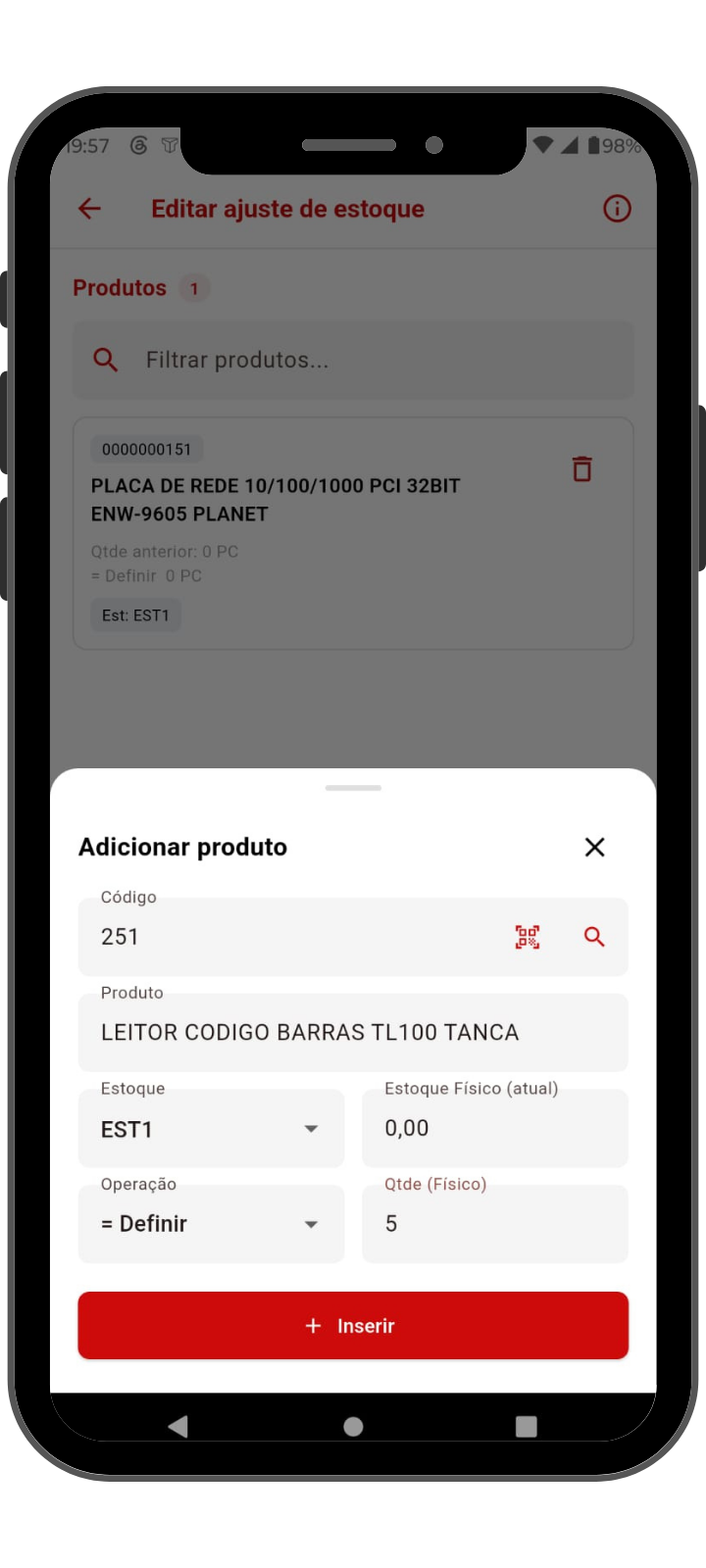 Mockup do aplicativo IF-Coletor mostrando a leitura de código de barras para ajuste de estoque pelo celular