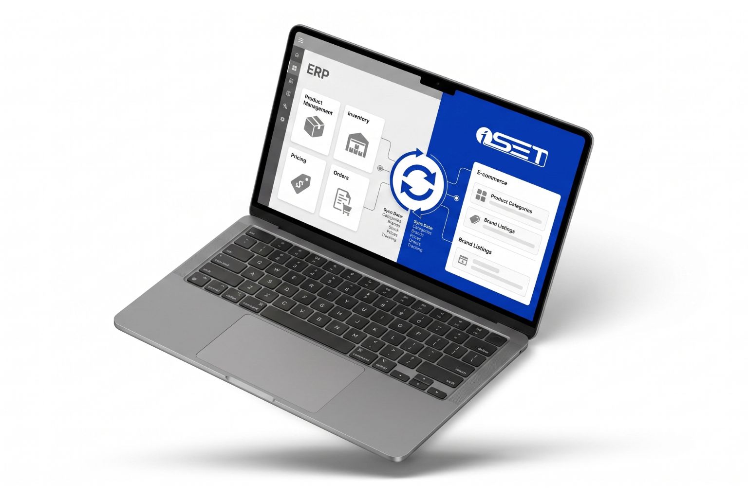 Mockup ilustrando a sincronização automática de categorias, produtos, estoque e pedidos entre o ERP Infomaster e a Iset