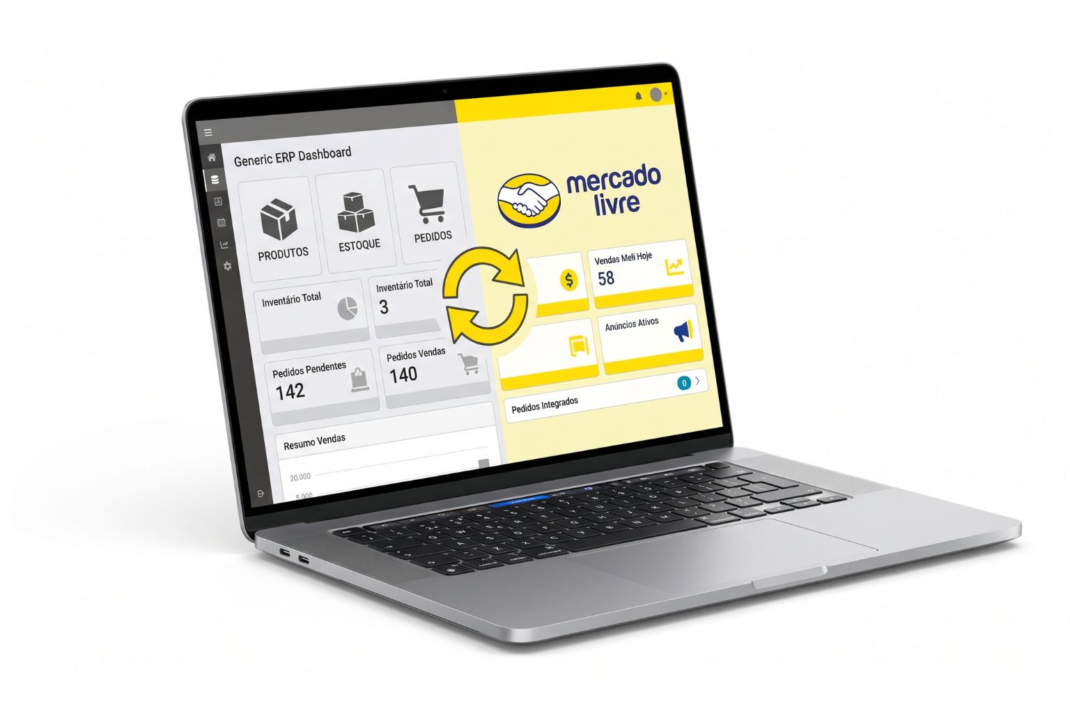 Mockup ilustrando a sincronização automática de anúncios, estoque e pedidos entre o ERP Infomaster e o Mercado Livre