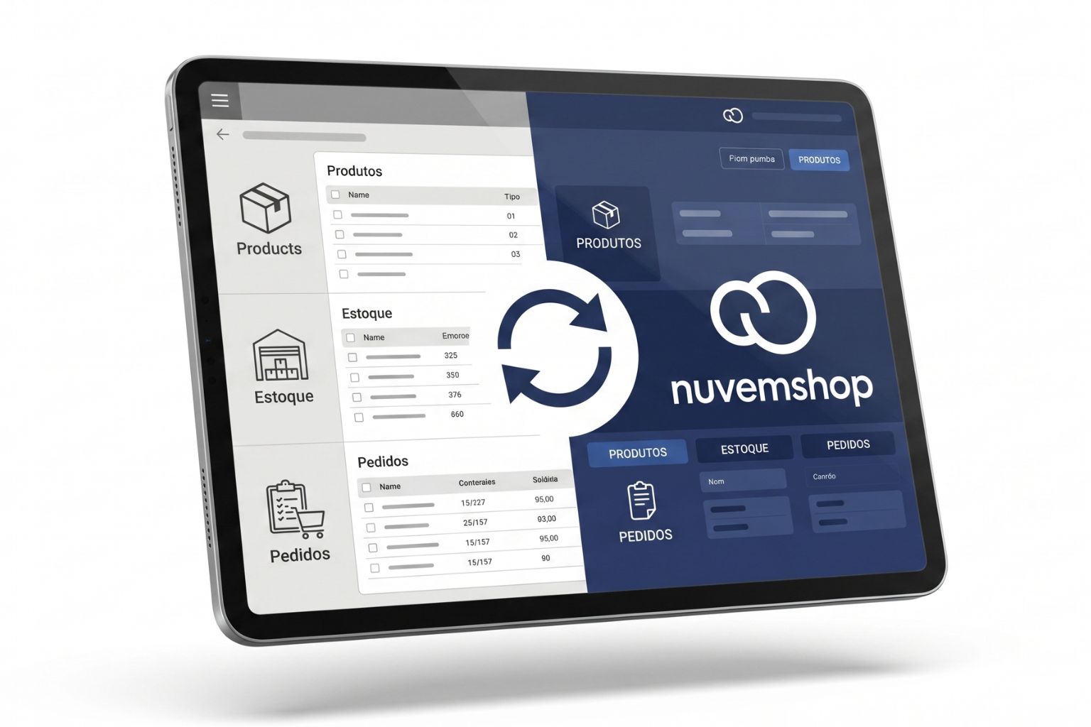 Mockup ilustrando a sincronização automática de categorias, produtos, estoque e pedidos entre o ERP Infomaster e a Nuvemshop