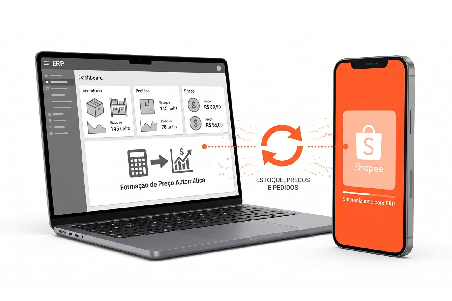 Mockup ilustrando a sincronização automática de produtos, estoque, preços e pedidos entre o ERP Infomaster e a Shopee